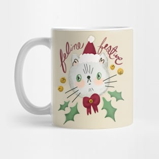 Feline Festive - Christmas cat illustration with bells and holly Mug